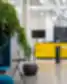 „AltSpace“ biuro registratūros zona su ryškiu geltonu stalu, pakabintais augalais ant sienos ir moderniu apšvietimu.
